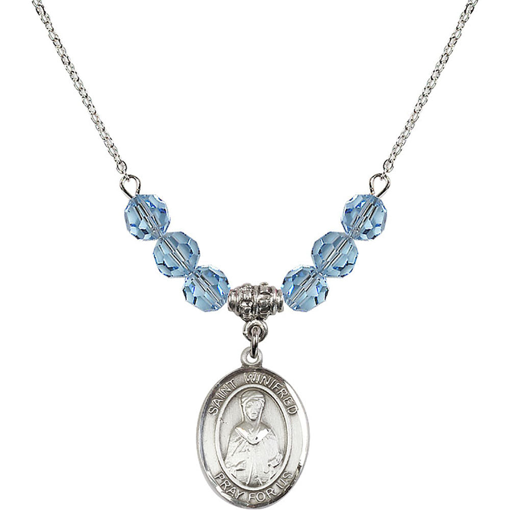 Sterling Silver Saint Winifred of Wales Birthstone Necklace with Aqua Beads - 8419