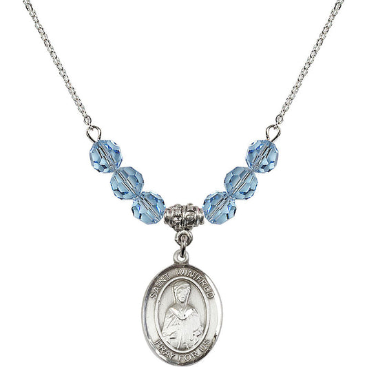 Sterling Silver Saint Winifred of Wales Birthstone Necklace with Aqua Beads - 8419