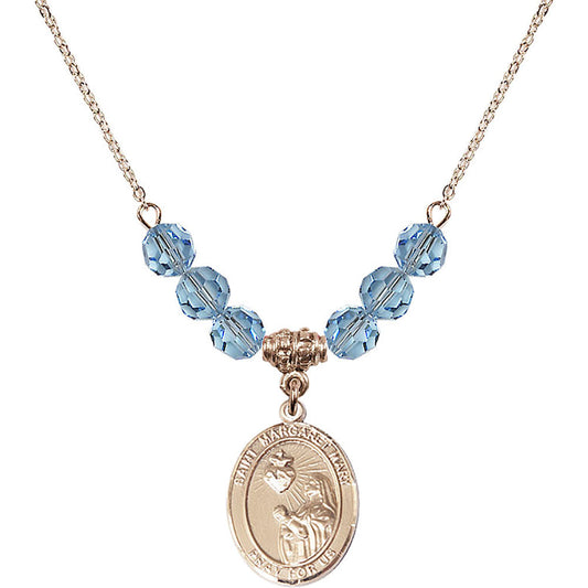 14kt Gold Filled Saint Margaret Mary Alacoque Birthstone Necklace with Aqua Beads - 8420