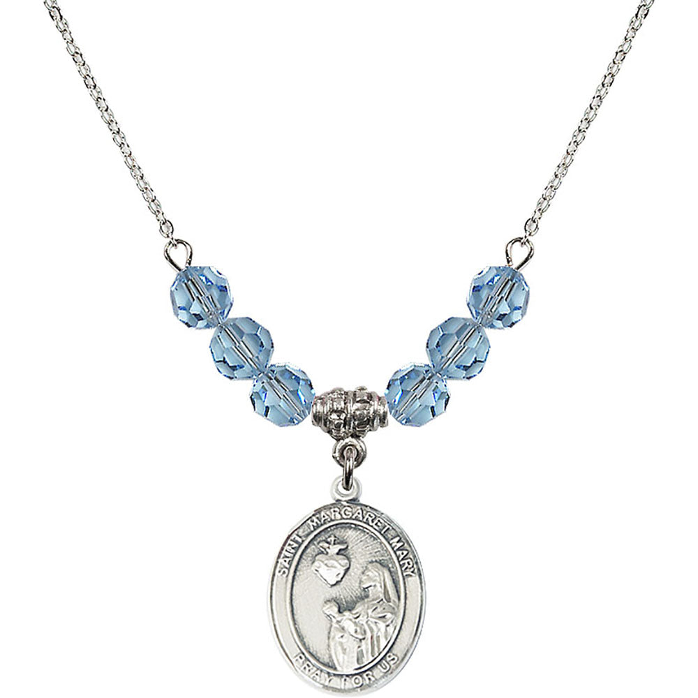 Sterling Silver Saint Margaret Mary Alacoque Birthstone Necklace with Aqua Beads - 8420