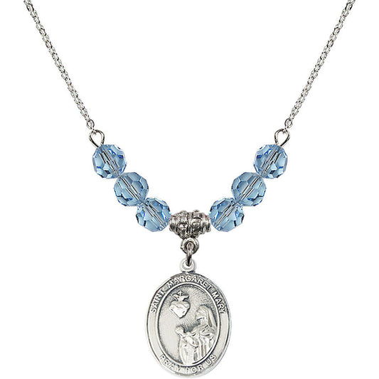 Sterling Silver Saint Margaret Mary Alacoque Birthstone Necklace with Aqua Beads - 8420
