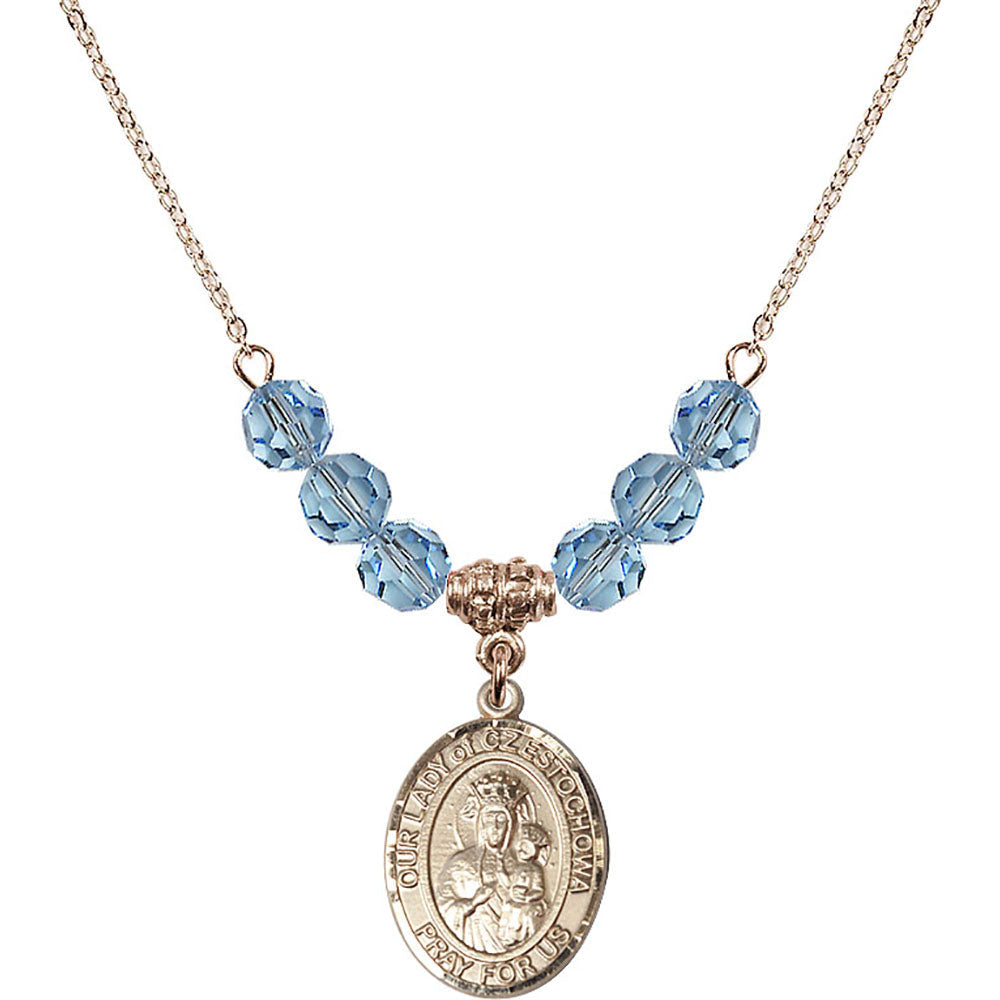 14kt Gold Filled Our Lady of Czestochowa Birthstone Necklace with Aqua Beads - 8421
