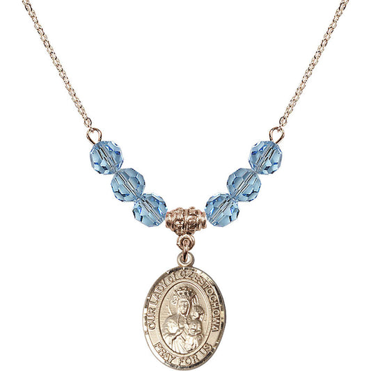 14kt Gold Filled Our Lady of Czestochowa Birthstone Necklace with Aqua Beads - 8421