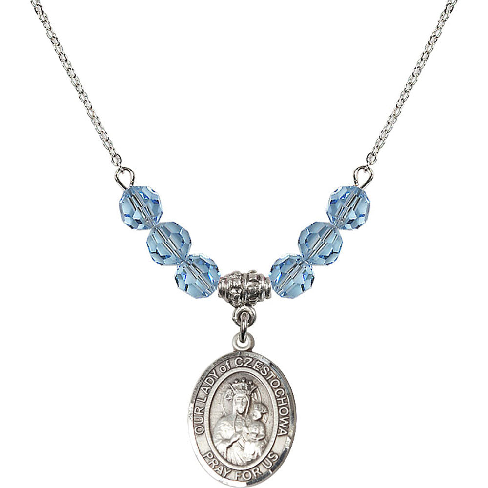 Sterling Silver Our Lady of Czestochowa Birthstone Necklace with Aqua Beads - 8421