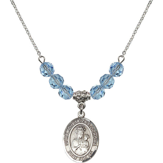 Sterling Silver Our Lady of Czestochowa Birthstone Necklace with Aqua Beads - 8421