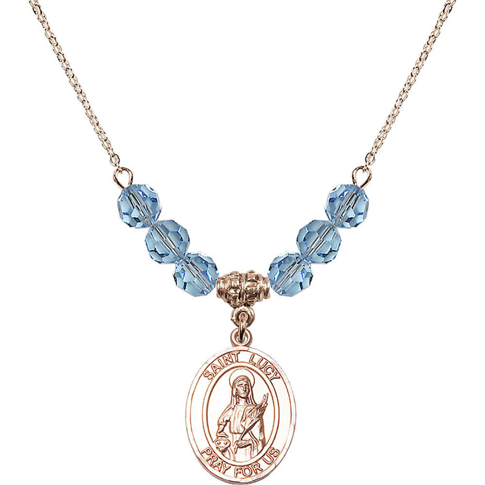14kt Gold Filled Saint Lucy Birthstone Necklace with Aqua Beads - 8422