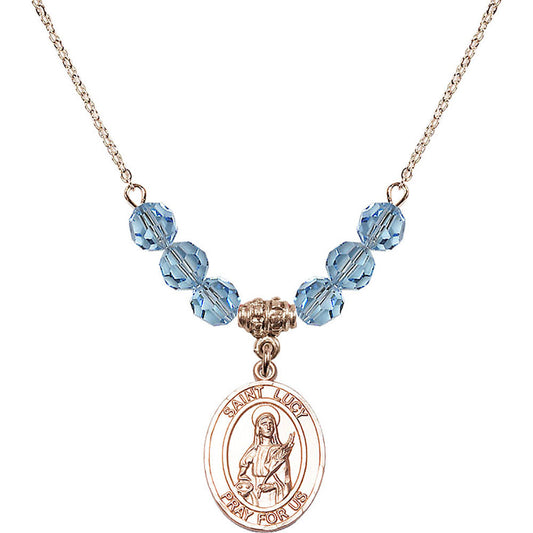 14kt Gold Filled Saint Lucy Birthstone Necklace with Aqua Beads - 8422