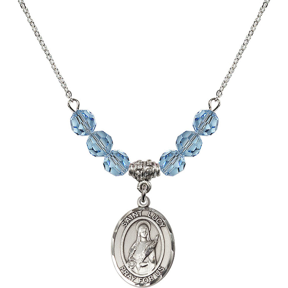 Sterling Silver Saint Lucy Birthstone Necklace with Aqua Beads - 8422