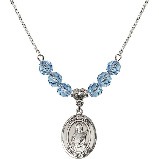 Sterling Silver Saint Lucy Birthstone Necklace with Aqua Beads - 8422