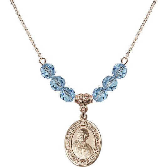 14kt Gold Filled Blessed John Henry Newman Birthstone Necklace with Aqua Beads - 8423