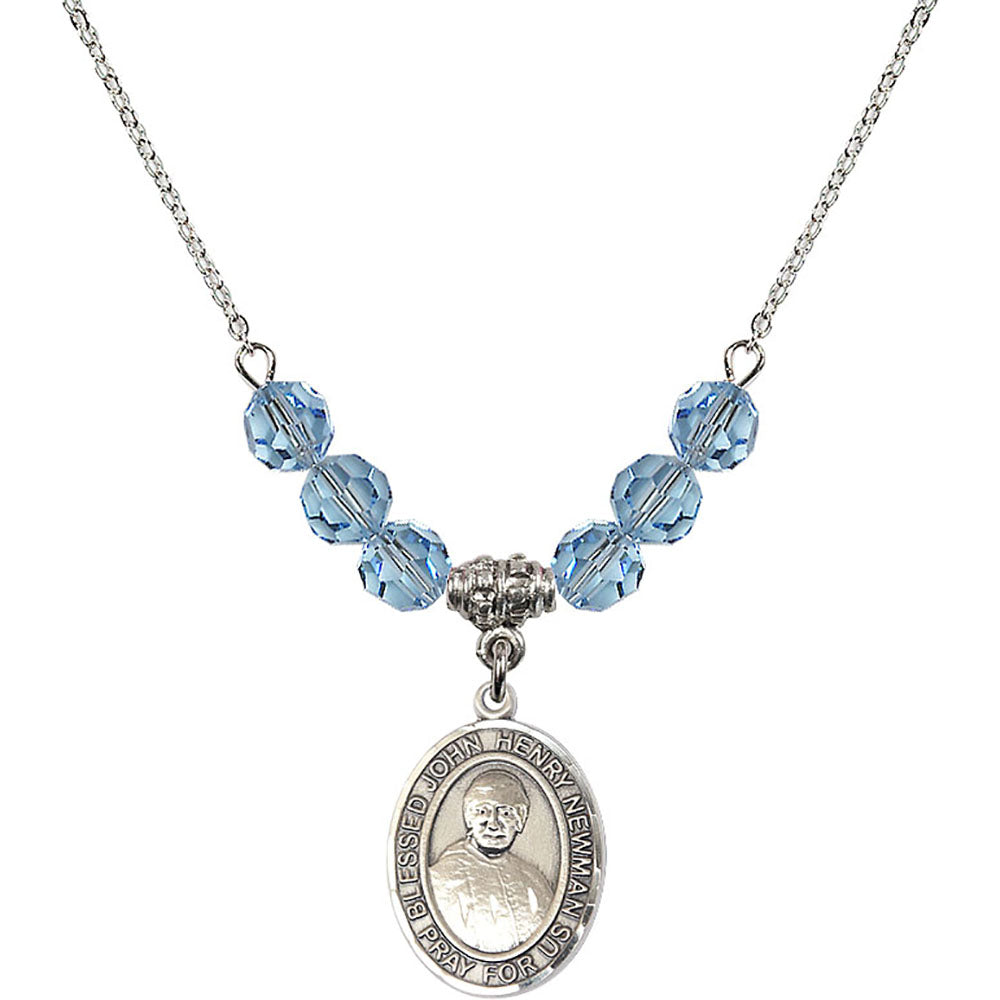 Sterling Silver Blessed John Henry Newman Birthstone Necklace with Aqua Beads - 8423