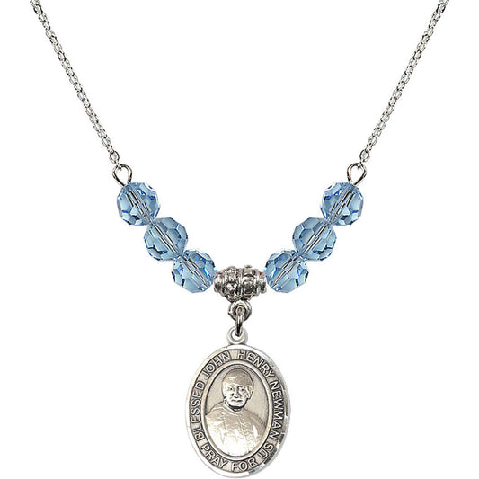 Sterling Silver Blessed John Henry Newman Birthstone Necklace with Aqua Beads - 8423