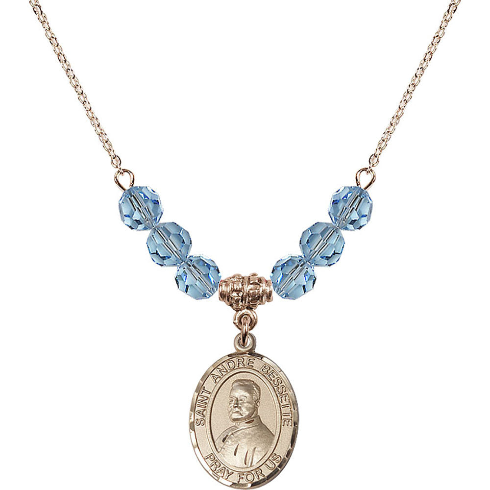 14kt Gold Filled Saint Andre Bessette Birthstone Necklace with Aqua Beads - 8424