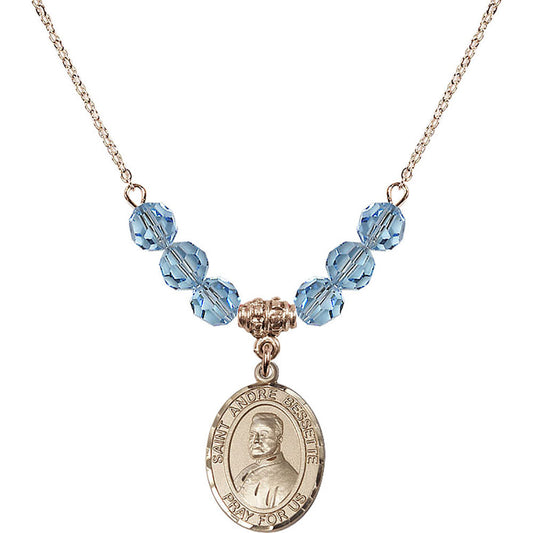 14kt Gold Filled Saint Andre Bessette Birthstone Necklace with Aqua Beads - 8424