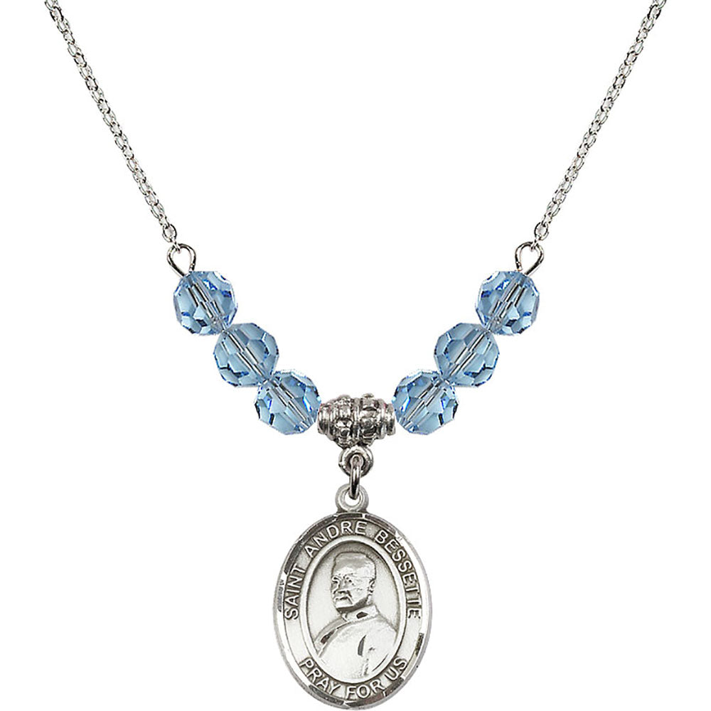 Sterling Silver Saint Andre Bessette Birthstone Necklace with Aqua Beads - 8424