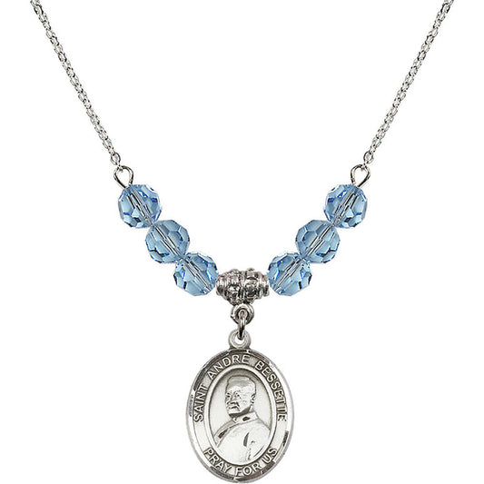 Sterling Silver Saint Andre Bessette Birthstone Necklace with Aqua Beads - 8424