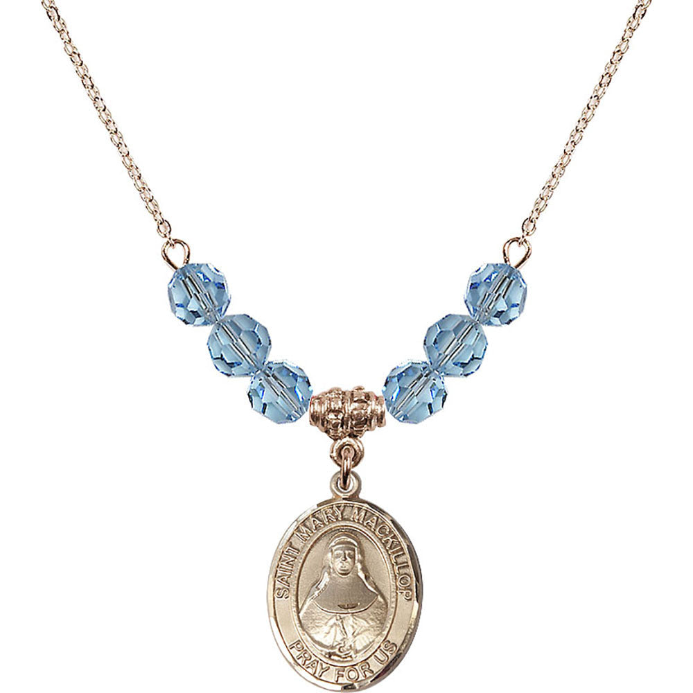 14kt Gold Filled Saint Mary Mackillop Birthstone Necklace with Aqua Beads - 8425