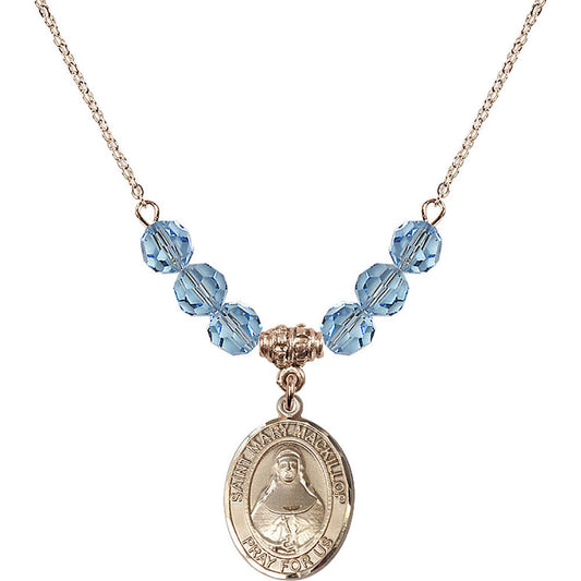 14kt Gold Filled Saint Mary Mackillop Birthstone Necklace with Aqua Beads - 8425