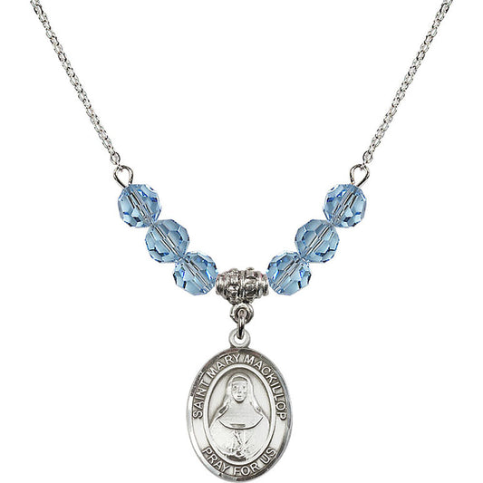 Sterling Silver Saint Mary Mackillop Birthstone Necklace with Aqua Beads - 8425