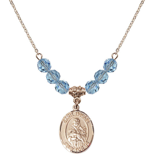 14kt Gold Filled Saint Fidelis Birthstone Necklace with Aqua Beads - 8426