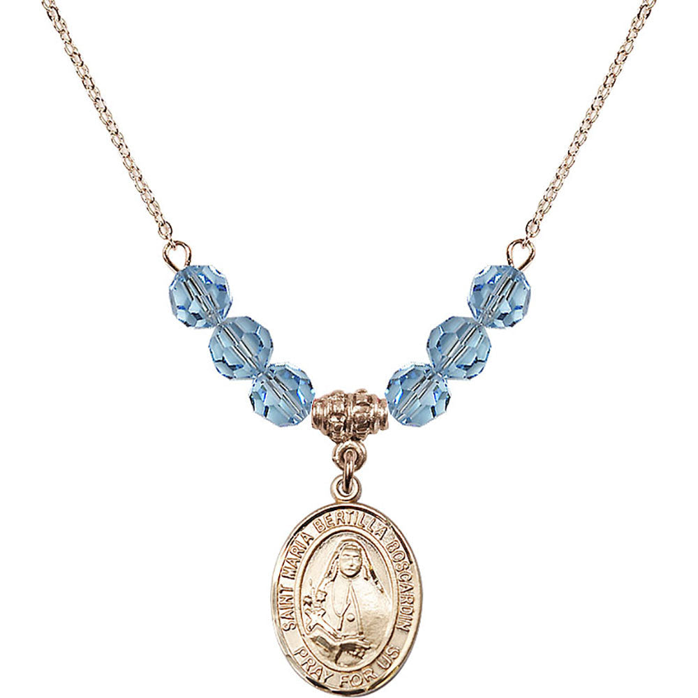 14kt Gold Filled Saint Maria Bertilla Boscardin Birthstone Necklace with Aqua Beads - 8428