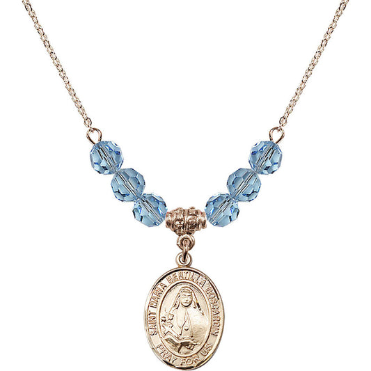 14kt Gold Filled Saint Maria Bertilla Boscardin Birthstone Necklace with Aqua Beads - 8428