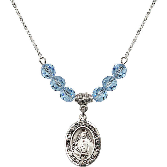 Sterling Silver Saint Maria Bertilla Boscardin Birthstone Necklace with Aqua Beads - 8428