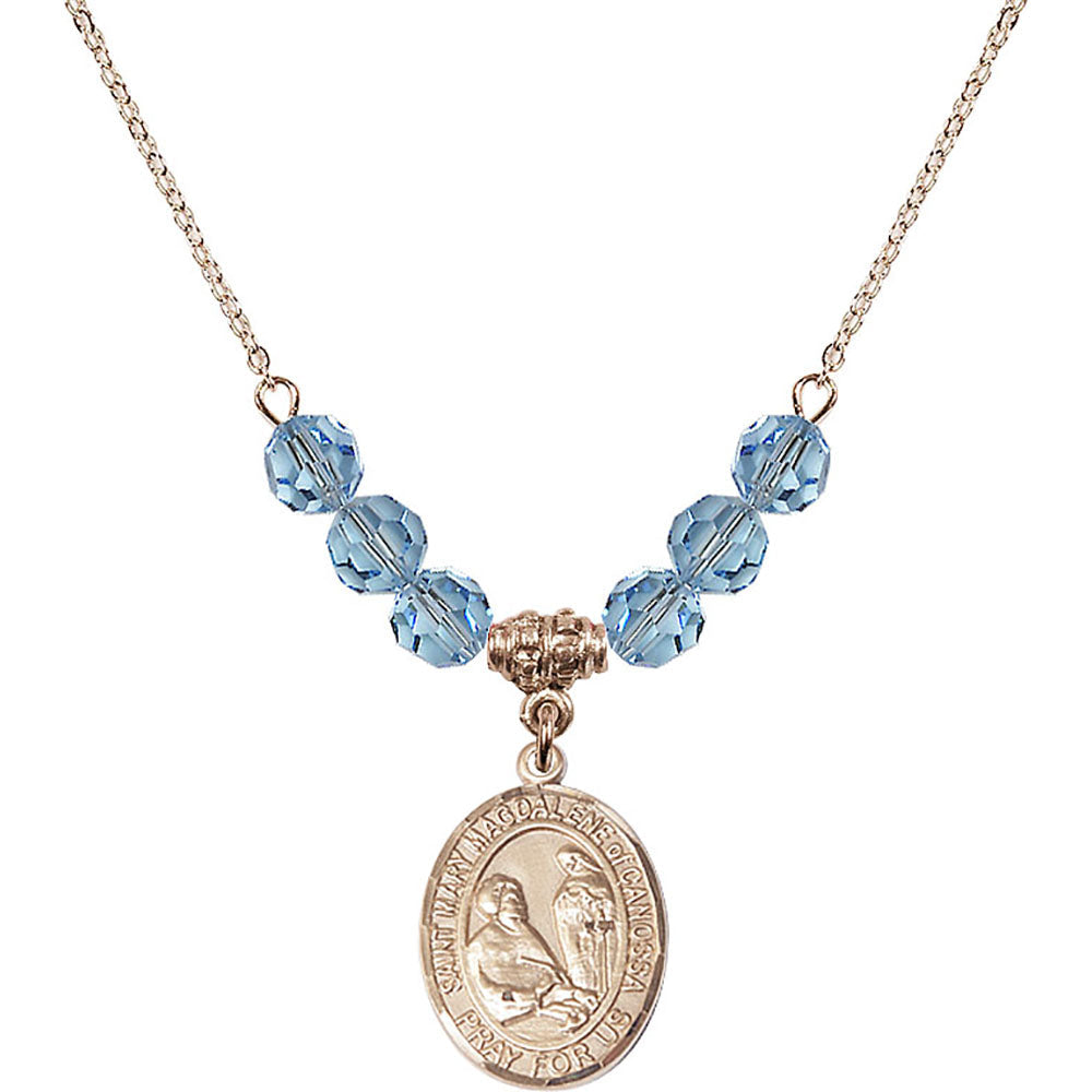 14kt Gold Filled Saint Mary Magdalene of Canossa Birthstone Necklace with Aqua Beads - 8429