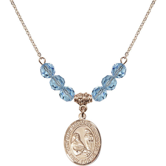 14kt Gold Filled Saint Mary Magdalene of Canossa Birthstone Necklace with Aqua Beads - 8429