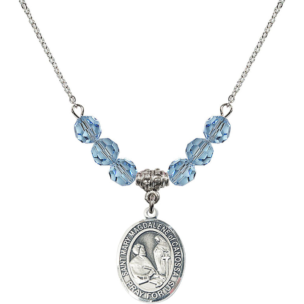 Sterling Silver Saint Mary Magdalene of Canossa Birthstone Necklace with Aqua Beads - 8429