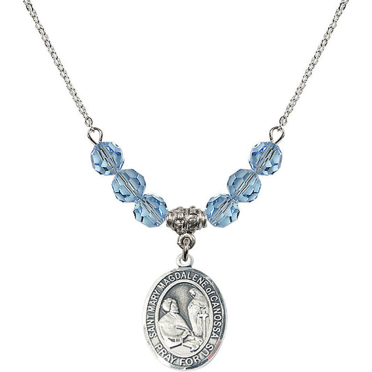 Sterling Silver Saint Mary Magdalene of Canossa Birthstone Necklace with Aqua Beads - 8429