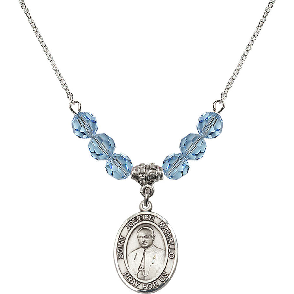 Sterling Silver Saint Joseph Marello Birthstone Necklace with Aqua Beads - 8430