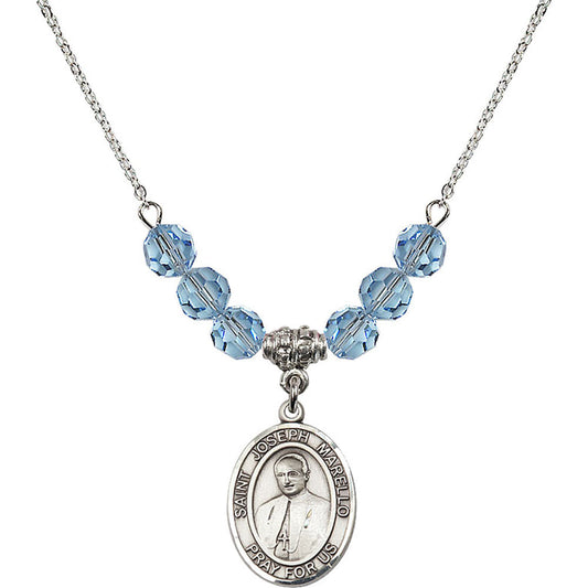 Sterling Silver Saint Joseph Marello Birthstone Necklace with Aqua Beads - 8430