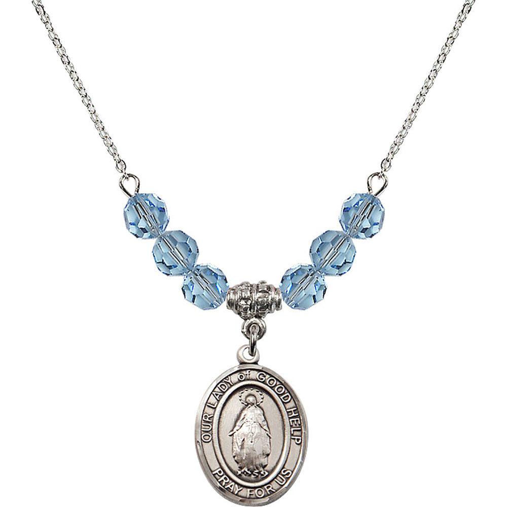Sterling Silver Our Lady Of Good Help Birthstone Necklace with Aqua Beads - 8431