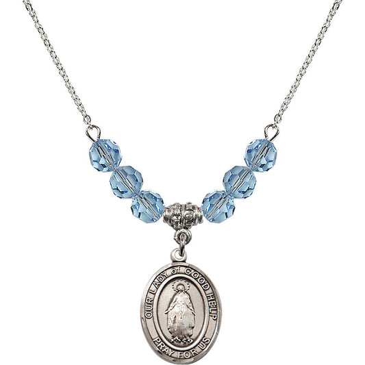 Sterling Silver Our Lady Of Good Help Birthstone Necklace with Aqua Beads - 8431