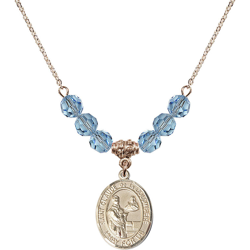 14kt Gold Filled Saint Claude de la Colombiere Birthstone Necklace with Aqua Beads - 8432