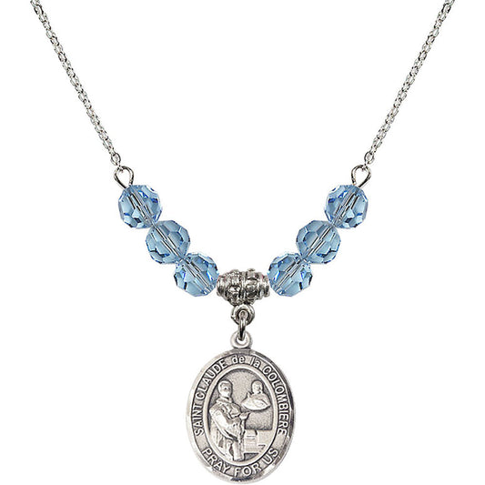 Sterling Silver Saint Claude de la Colombiere Birthstone Necklace with Aqua Beads - 8432