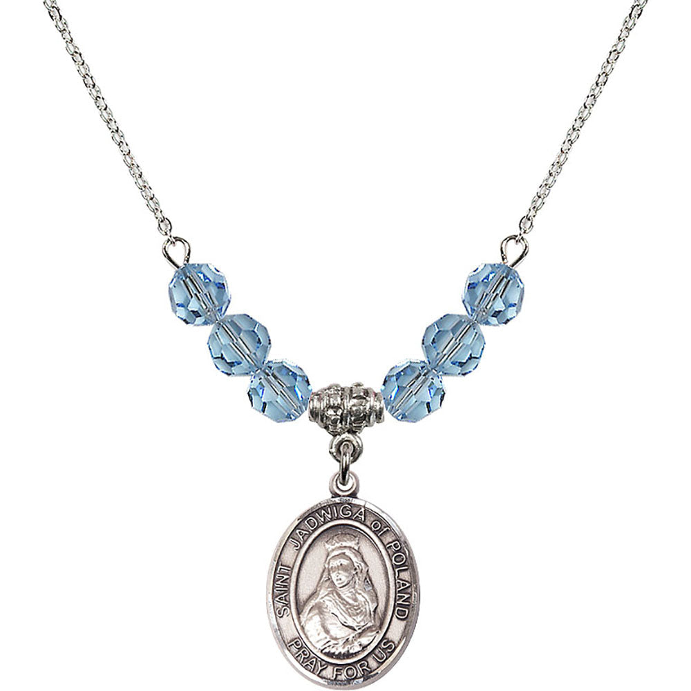 Sterling Silver Saint Jadwiga of Poland Birthstone Necklace with Aqua Beads - 8434