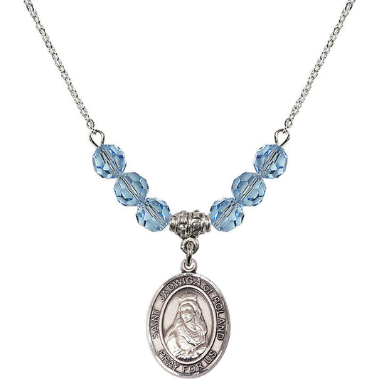Sterling Silver Saint Jadwiga of Poland Birthstone Necklace with Aqua Beads - 8434