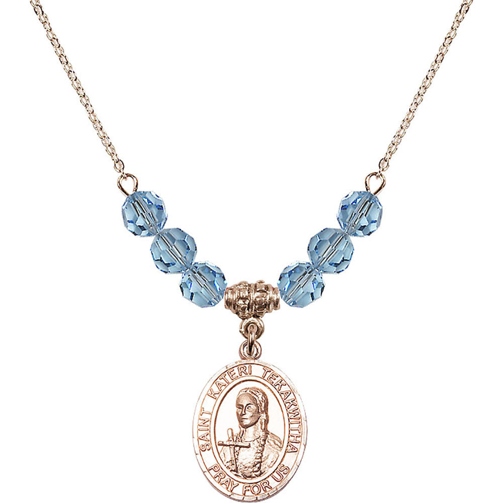14kt Gold Filled Saint Kateri Tekakwitha Birthstone Necklace with Aqua Beads - 8438