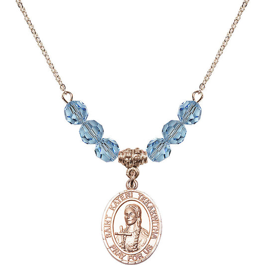 14kt Gold Filled Saint Kateri Tekakwitha Birthstone Necklace with Aqua Beads - 8438