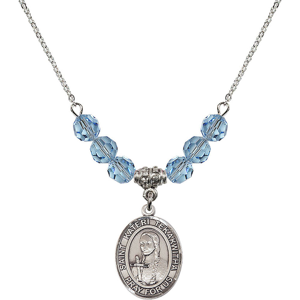 Sterling Silver Saint Kateri Tekakwitha Birthstone Necklace with Aqua Beads - 8438