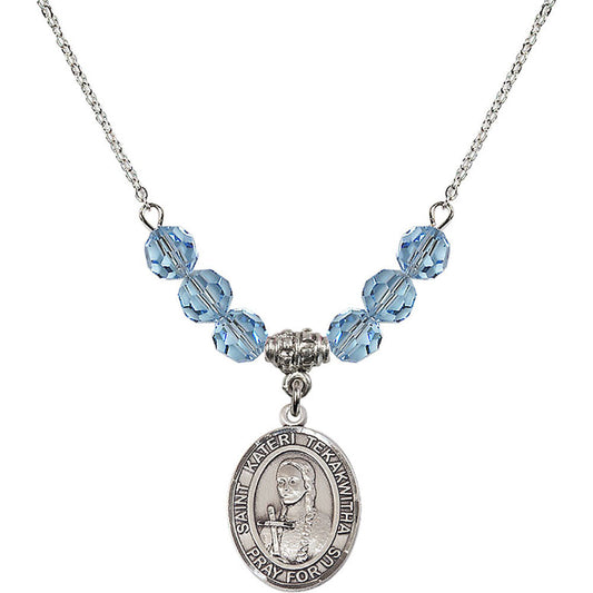 Sterling Silver Saint Kateri Tekakwitha Birthstone Necklace with Aqua Beads - 8438