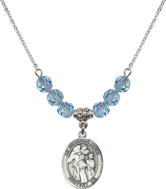 Sterling Silver Guardian Angel w/Children Birthstone Necklace with Aqua Beads - 8439