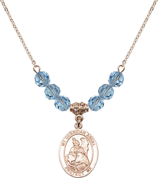 14kt Gold Filled Guardian Angel Protector Birthstone Necklace with Aqua Beads - 8440