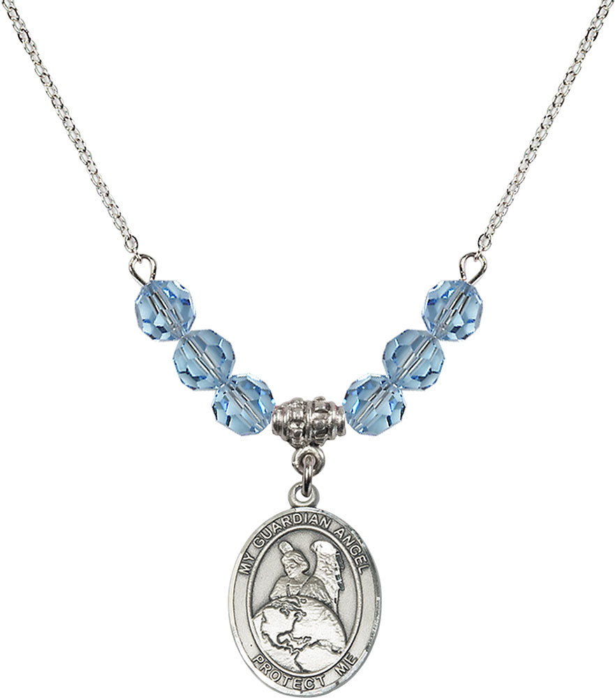 Sterling Silver Guardian Angel Protector Birthstone Necklace with Aqua Beads - 8440