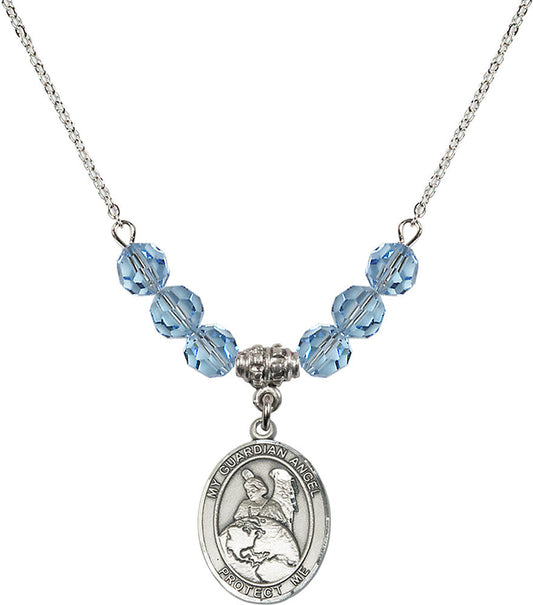Sterling Silver Guardian Angel Protector Birthstone Necklace with Aqua Beads - 8440