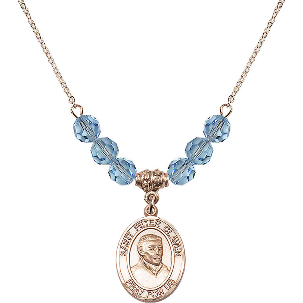 14kt Gold Filled Saint Peter Claver Birthstone Necklace with Aqua Beads - 8442