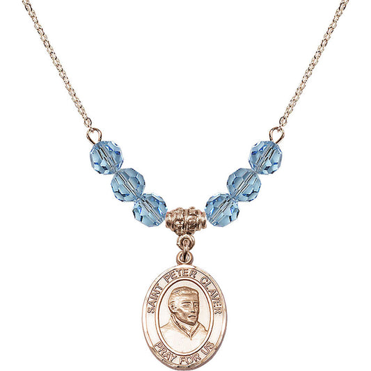 14kt Gold Filled Saint Peter Claver Birthstone Necklace with Aqua Beads - 8442