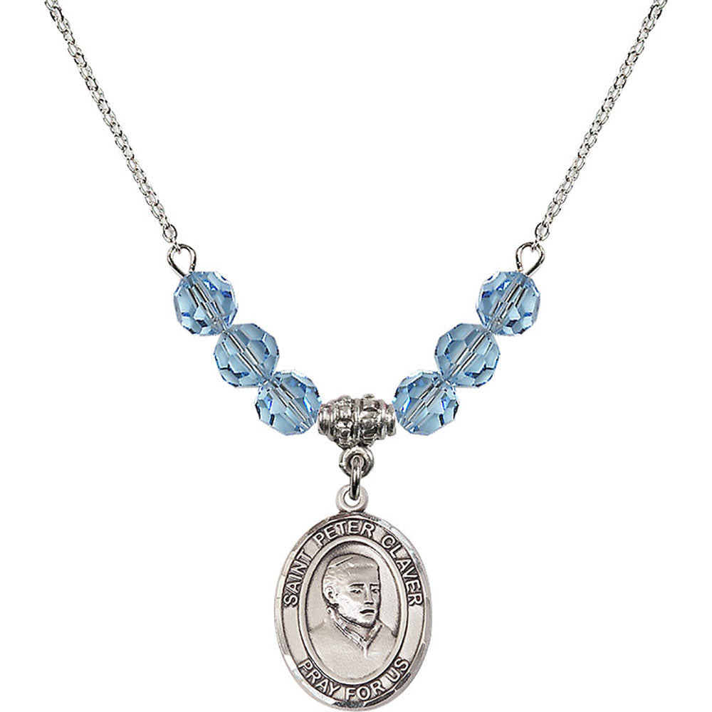 Sterling Silver Saint Peter Claver Birthstone Necklace with Aqua Beads - 8442